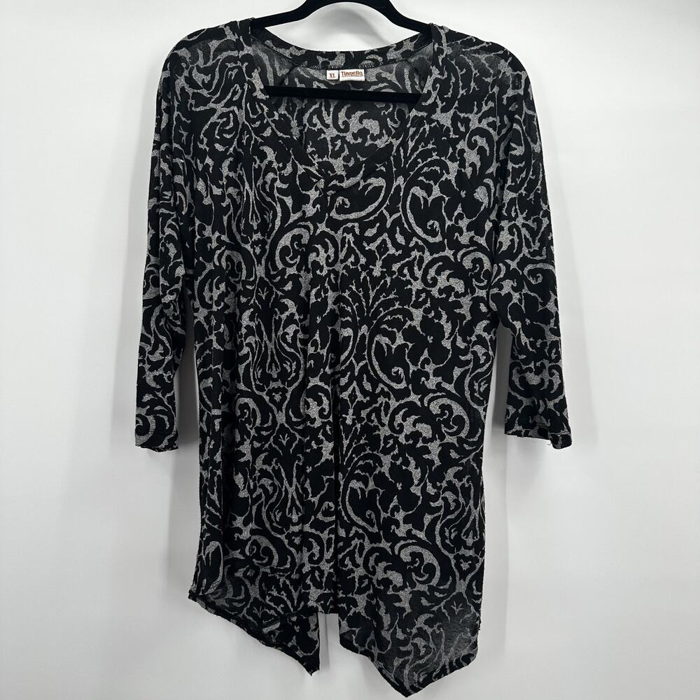 Tianello Tunic‎ Top Womens XL Black Gray Pattern Knit 3/4 Sleeve TONY Burn out